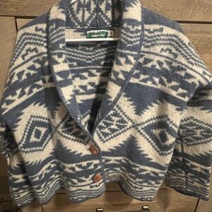 Coldwater Creek Blue and Cream Geometric Shawl Collar Cardigan